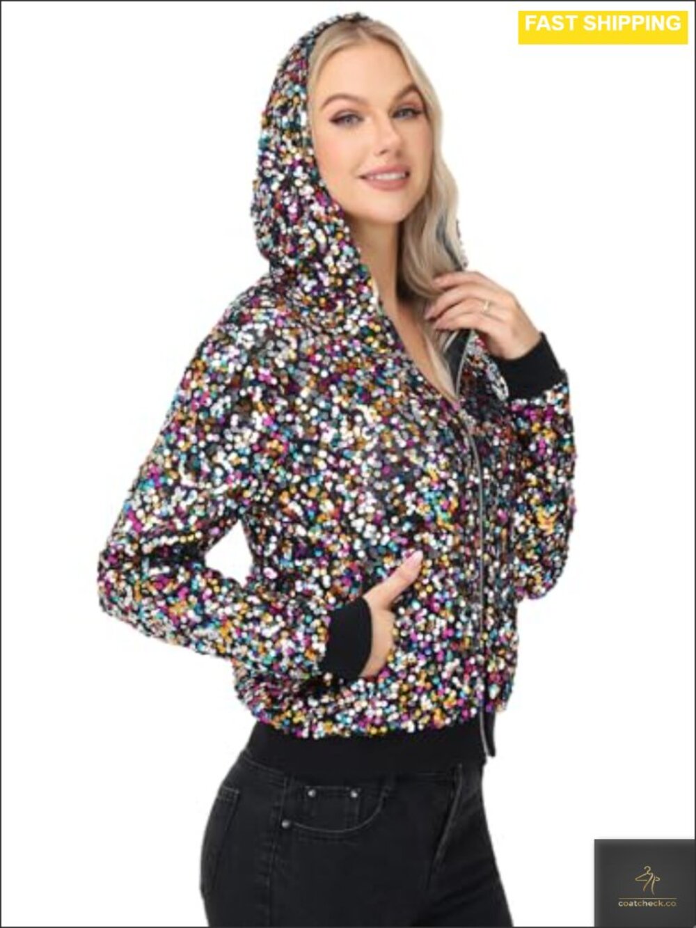 Sparkly Sequin Hooded Bomber Jacket Zip Front Pockets